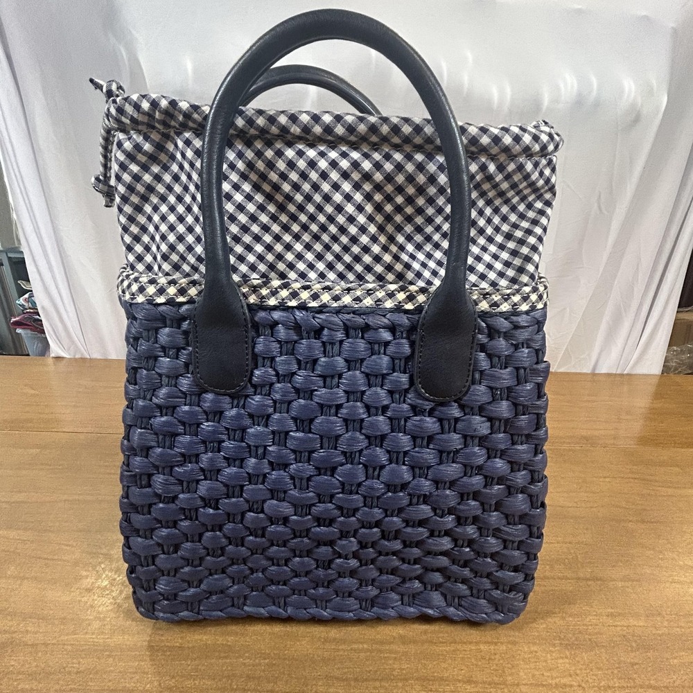 Talbots Top Handle Bag Womens Small Blue Woven Plastic Gingham Lined Purse - Picture 4 of 9